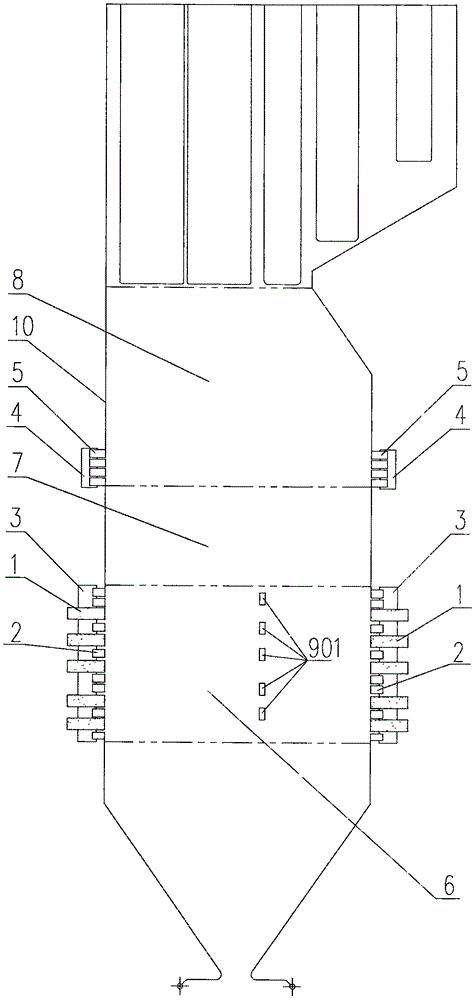 Pulverized coal jet flow midstream and downstream combustion organization method in tangent circle pulverized coal combustion boiler