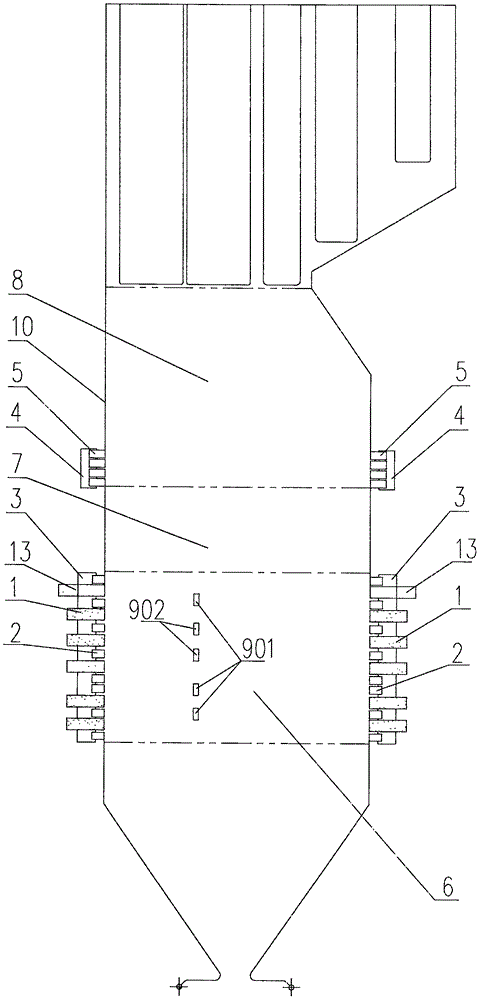 Pulverized coal jet flow midstream and downstream combustion organization method in tangent circle pulverized coal combustion boiler