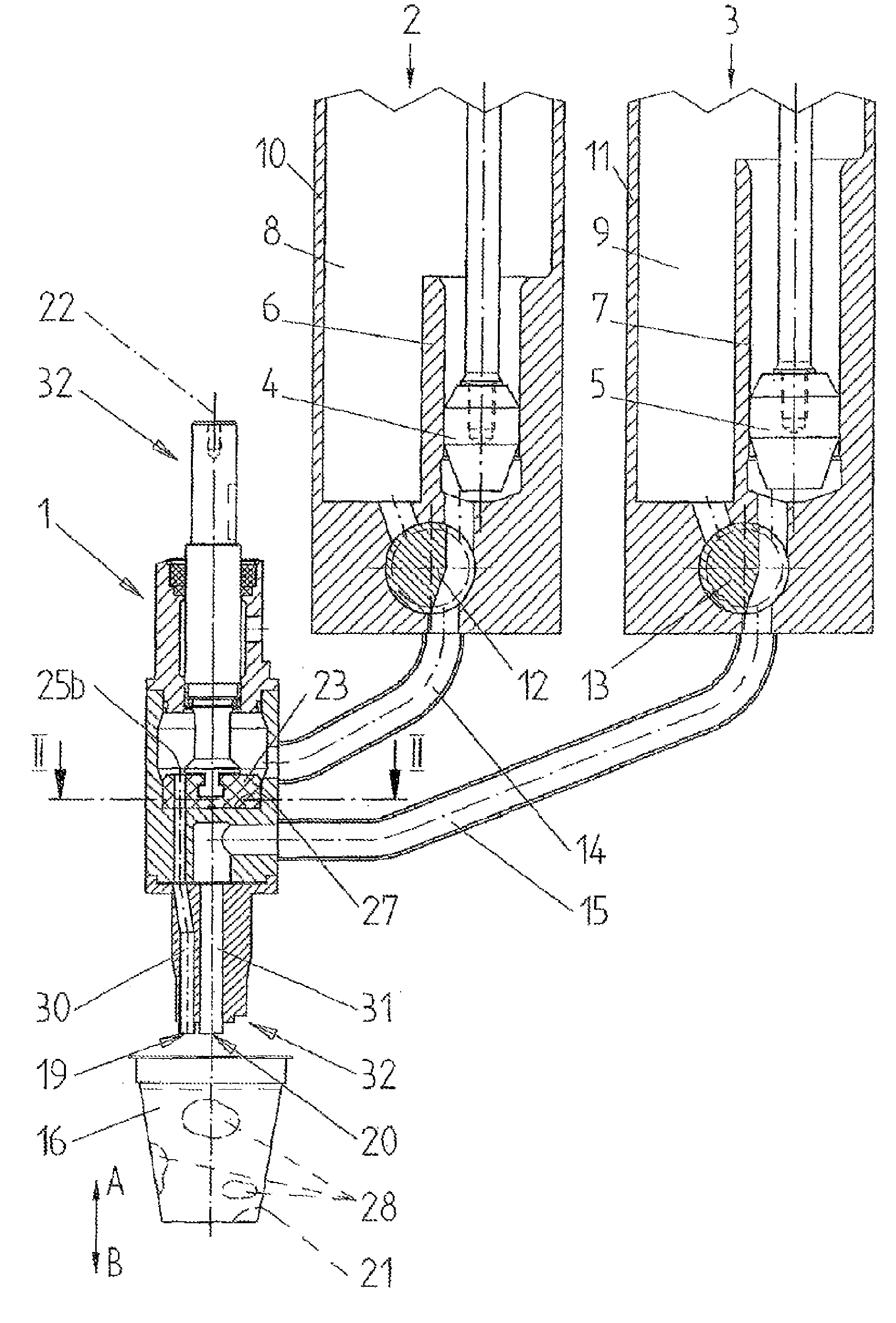 Device for simultaneously filling at least two foods of different compositions into one container