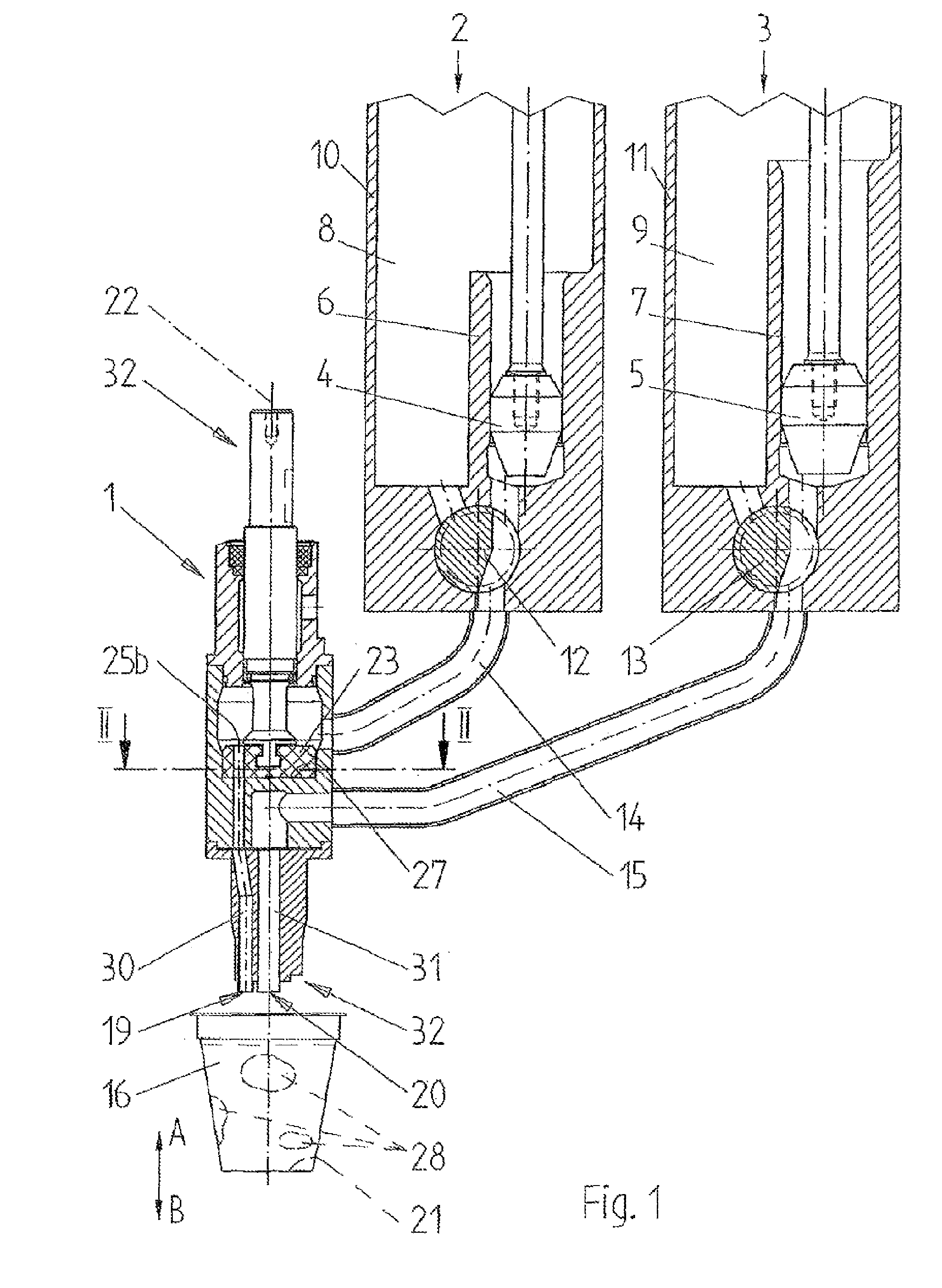 Device for simultaneously filling at least two foods of different compositions into one container