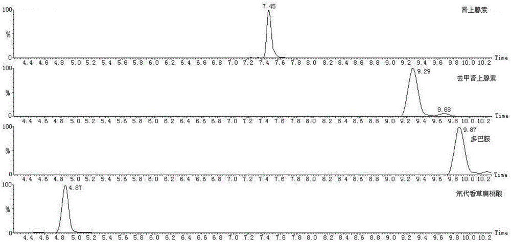 Method for detecting catecholamine in blood plasma by liquid chromatography tandem mass spectrometry