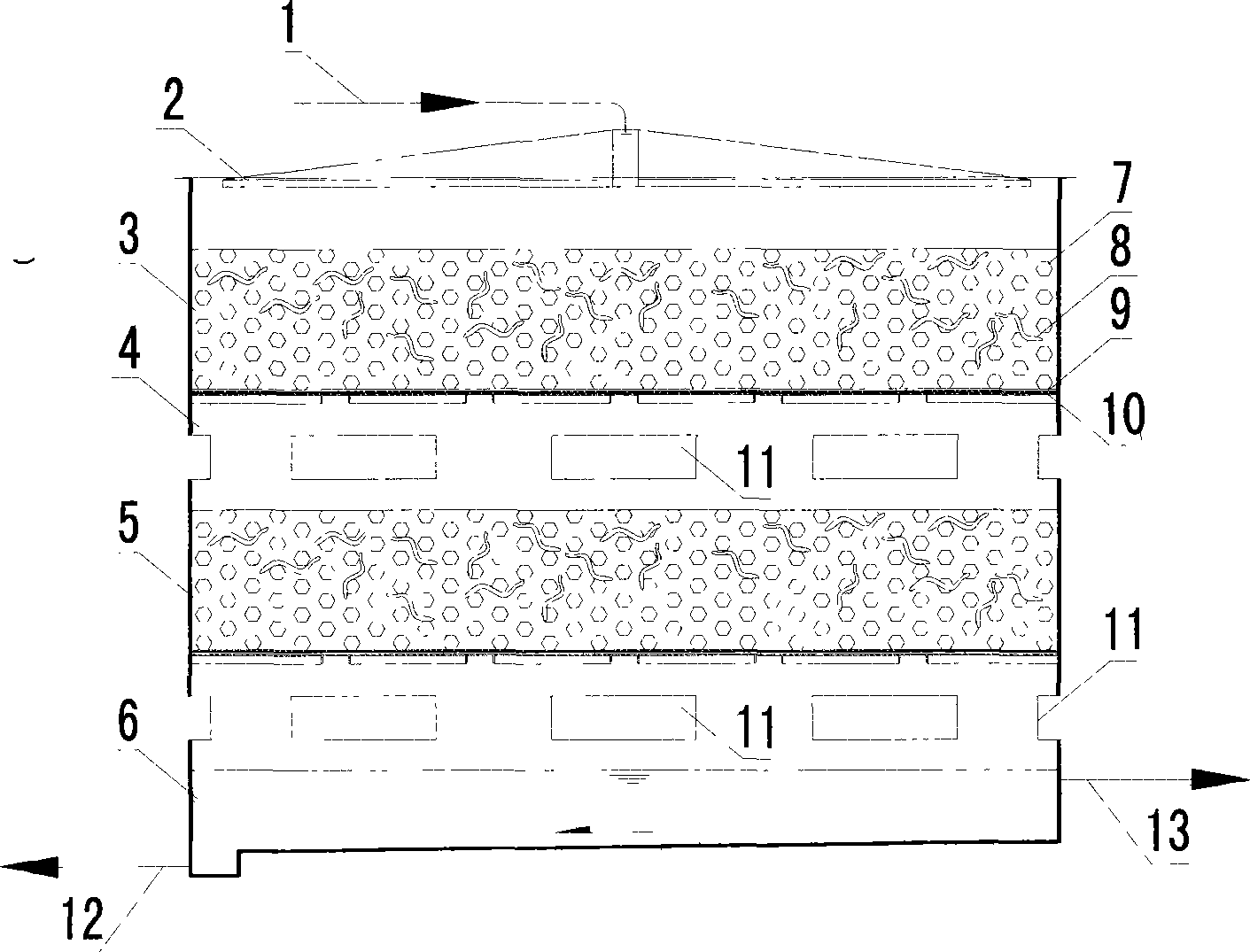 High-load angleworm bio-filter for processing rural decentralized wastewater