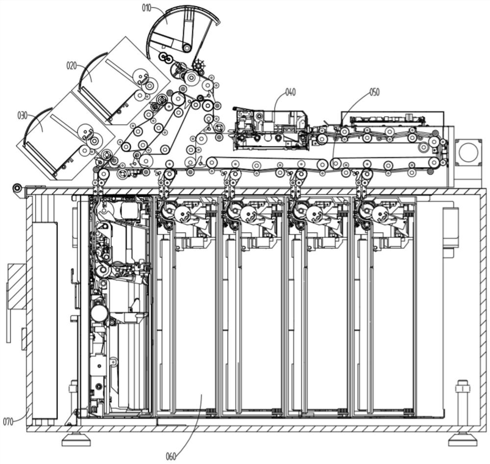 Flake medium accumulation and separation device and cash recycling processing equipment