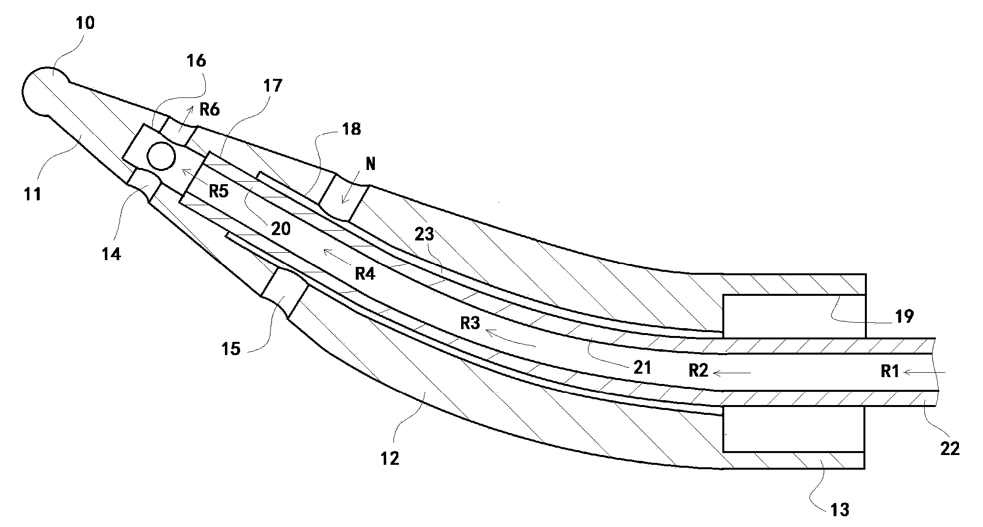 Urine educing device with bent hollow guide head