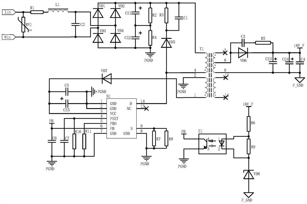 Flyback switching power supply without electrolytic capacitor, and electronic equipment