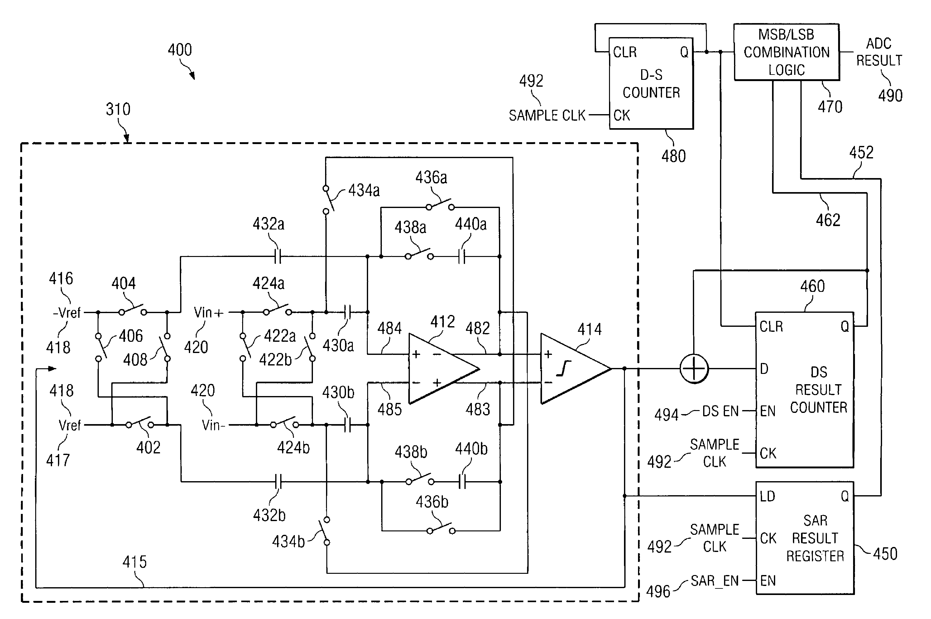 Integrating/SAR ADC and method with low integrator swing and low complexity