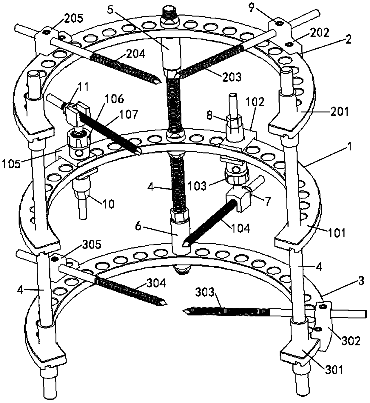 Minimally-invasive four-limb fracture three-dimensional traction restoring and fixing device