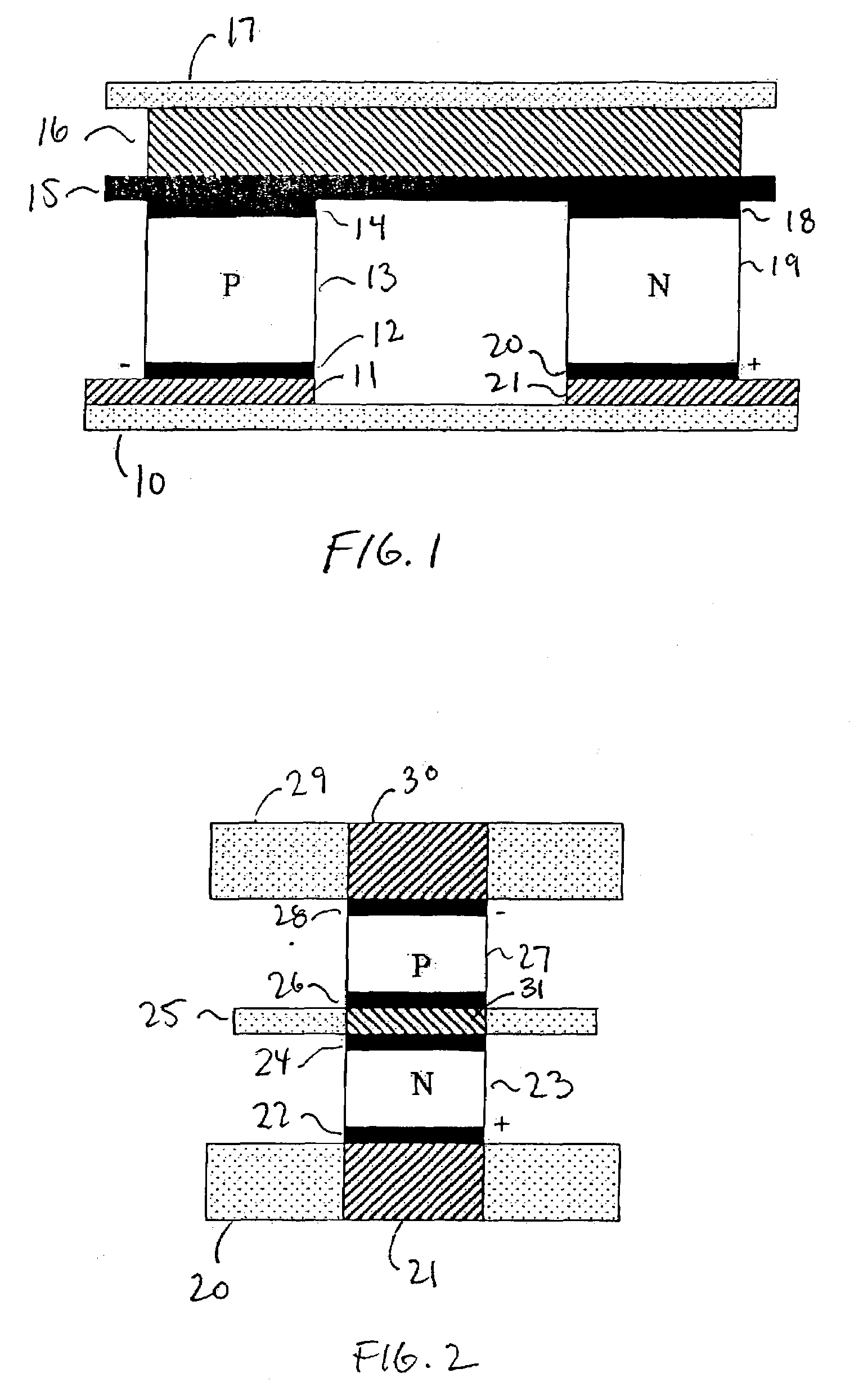 Thermoelectric devices utilizing double-sided Peltier junctions and methods of making the devices