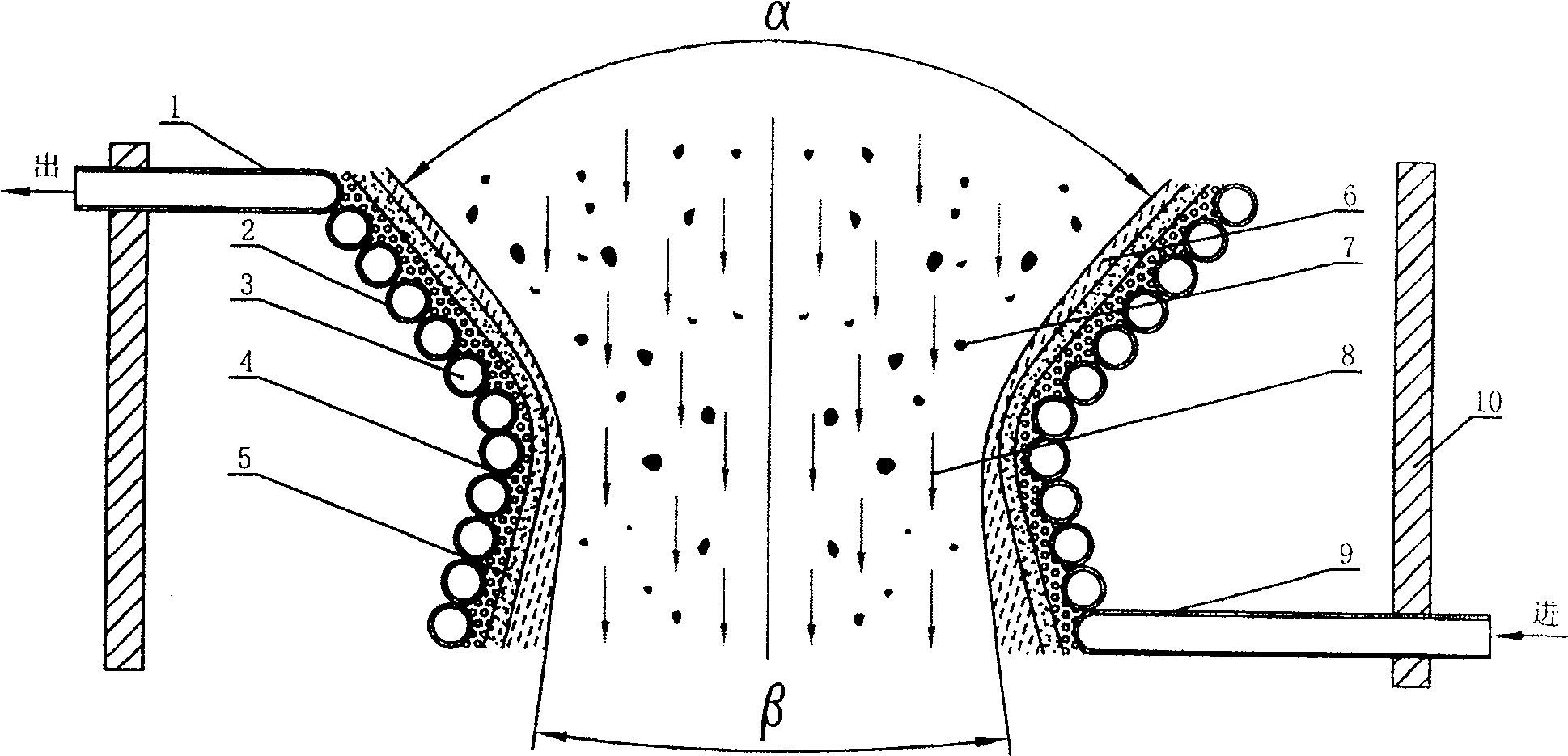 Outlet of admixture of hot gas and grains of liquid dregs