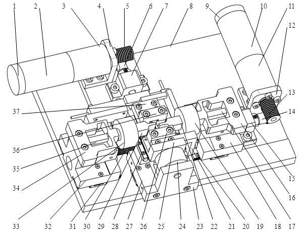 In-situ testing device for micro-mechanical properties of materials under tension-shear combined loading mode