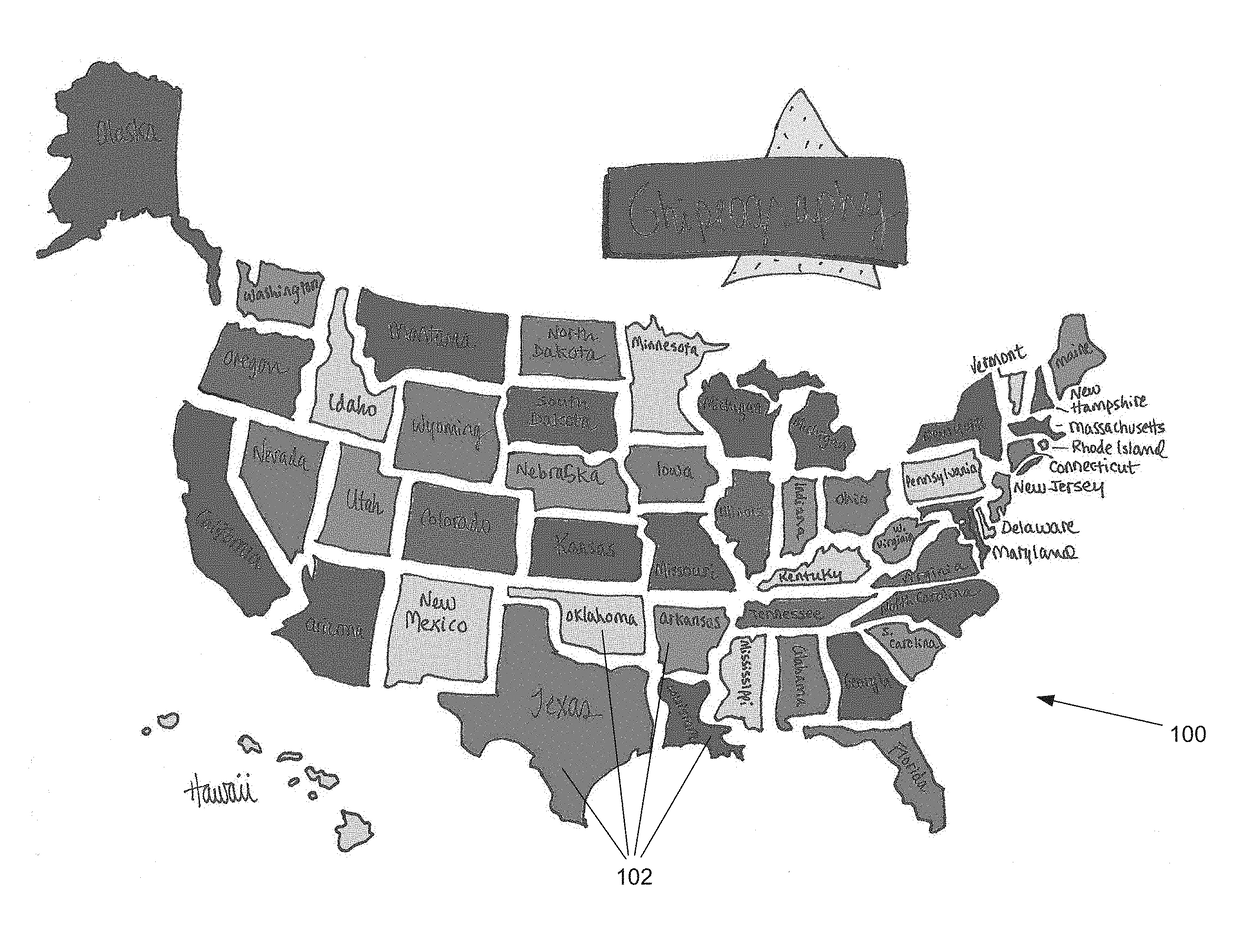 Geography game using maps and edible chips