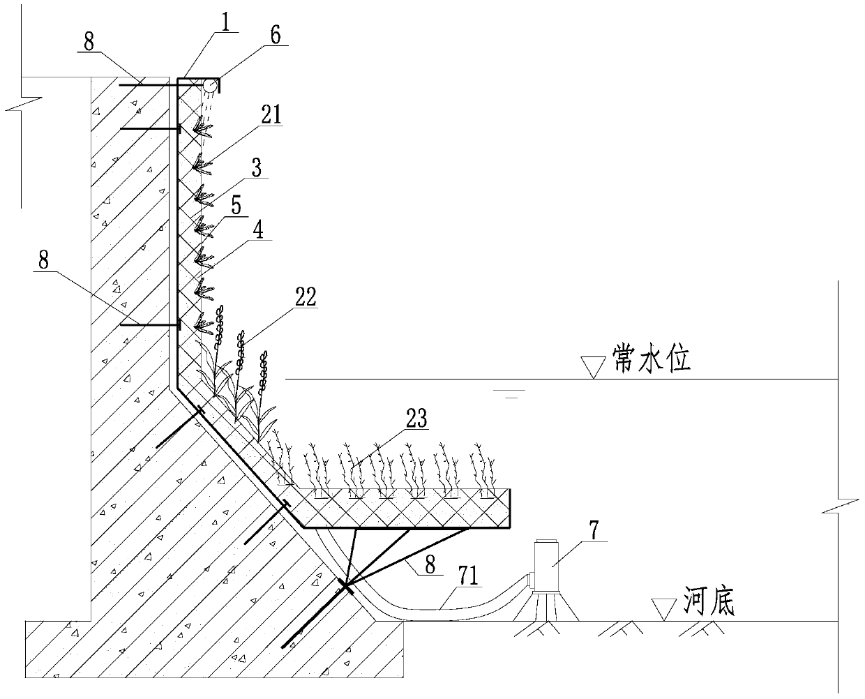 Ecological softening structure of rigid revetment