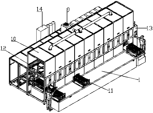 Full-automatic ultrasonic washing device aiming at tandem pump body shells and pump covers