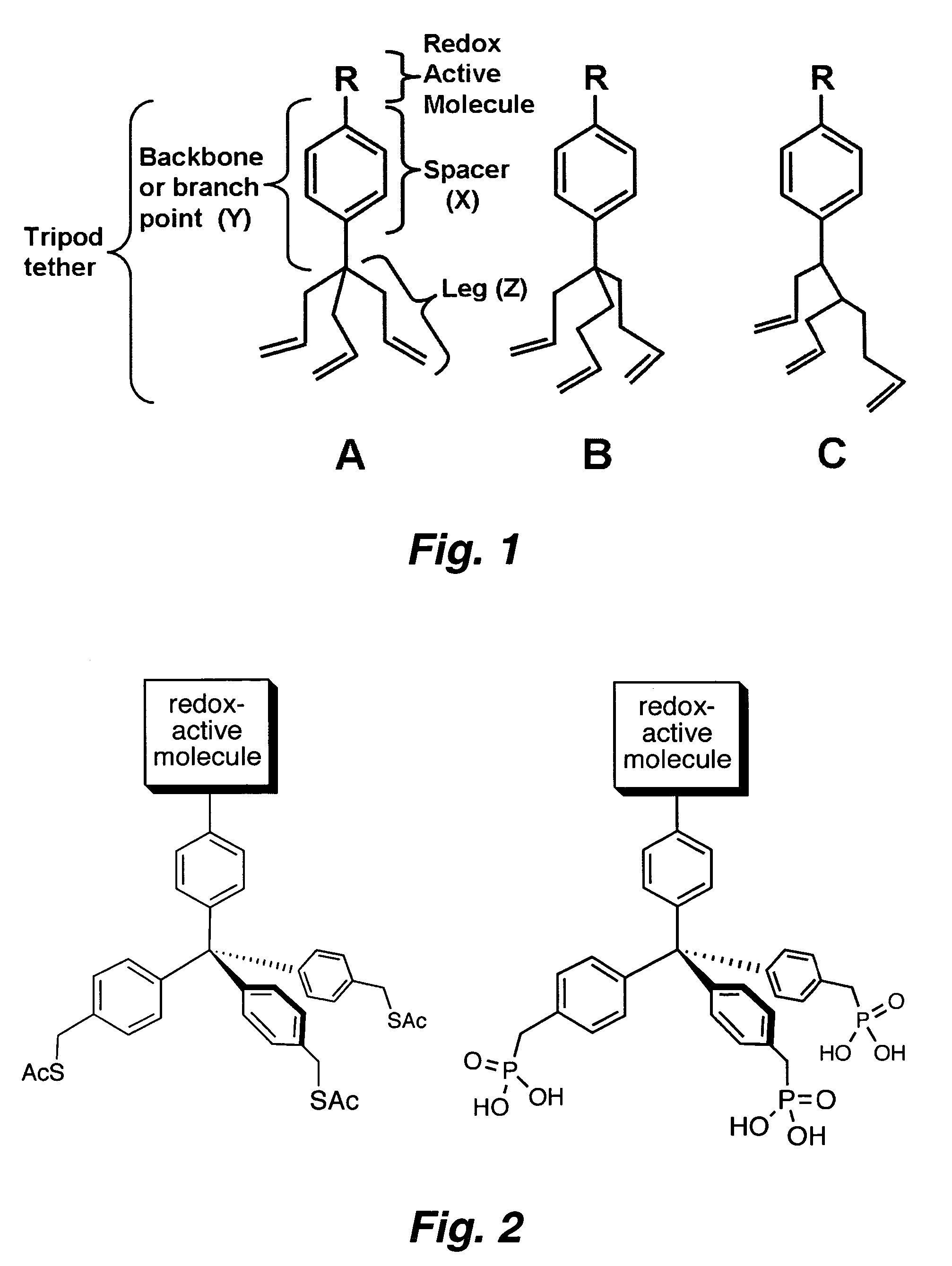 Multypodal tethers for high-density attachment of redox-active moieties to substrates