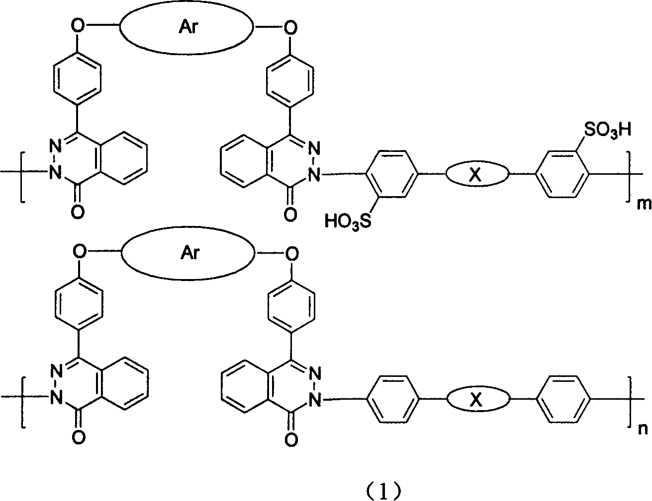 Atactic sulfonated high polymer containing dual diaza naphthone and synthesis and application thereof