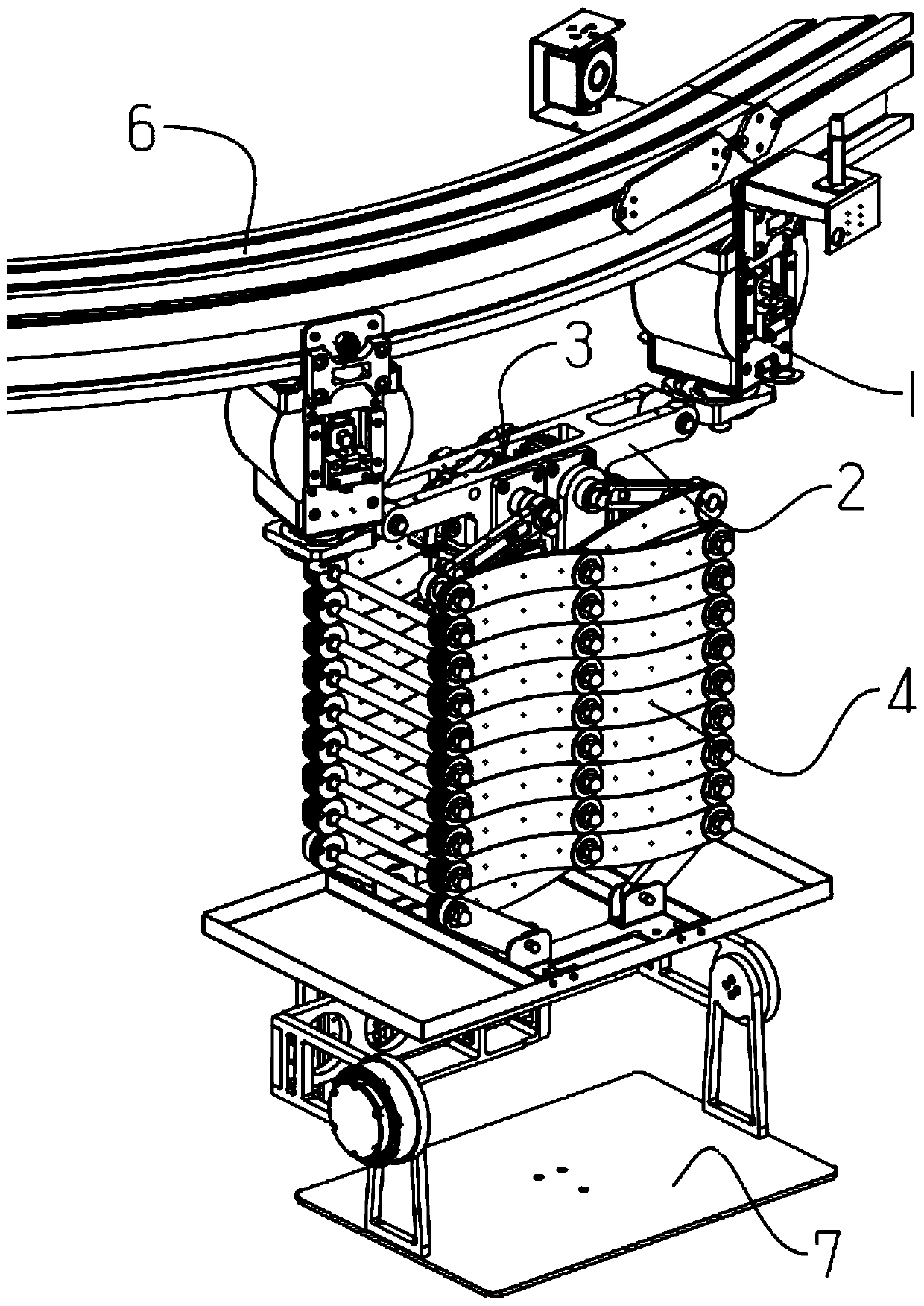 Scissors fork type expansion device for suspended trolley