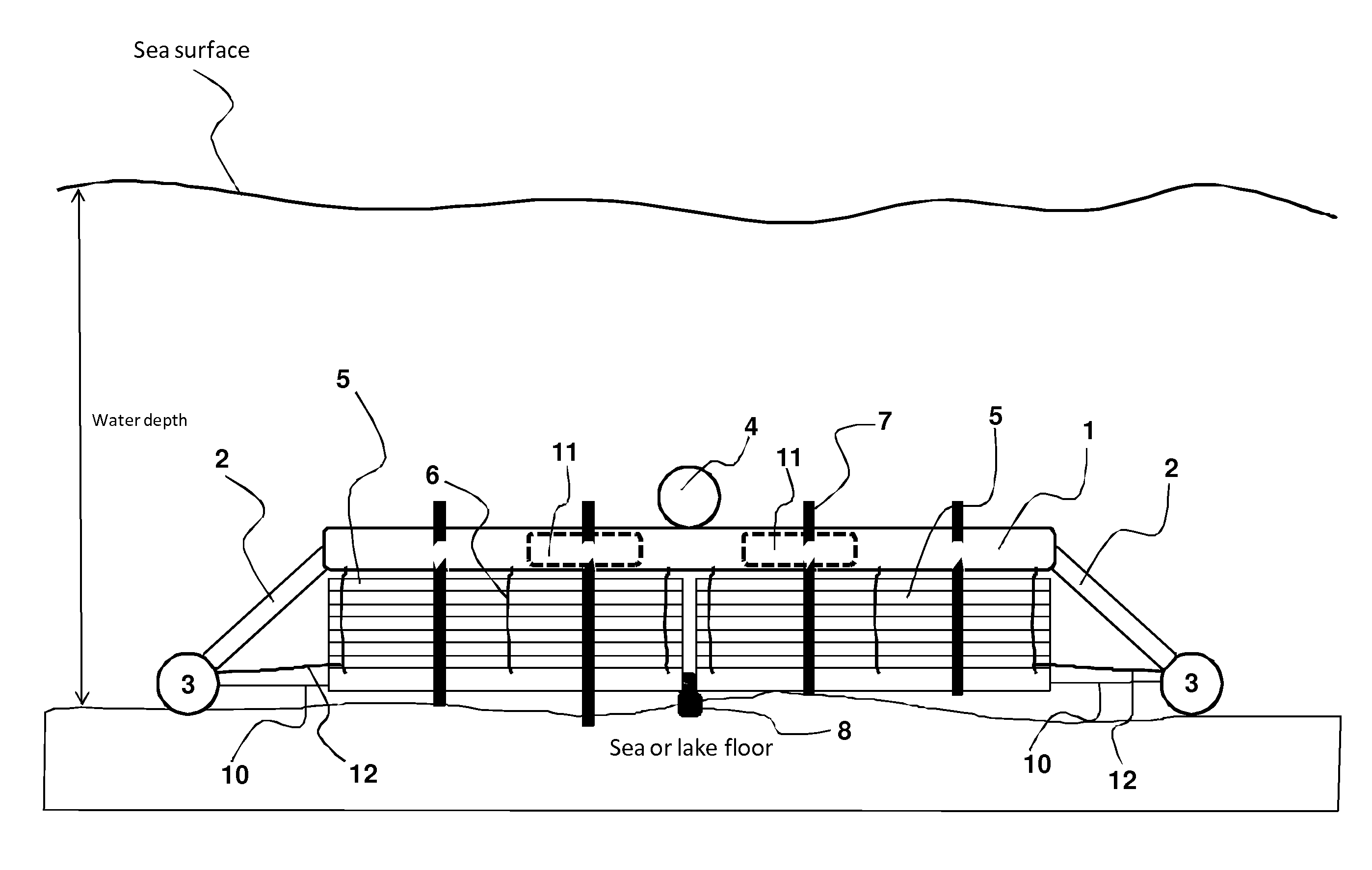 Modular submergible breakwater for lowering water wave kinetic energy especially during storms or rough waters