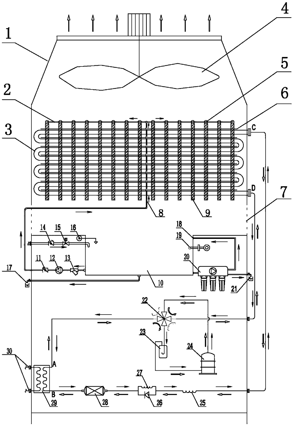 Adjoining-pipe liquid spraying defrosting heat source tower heat pump device