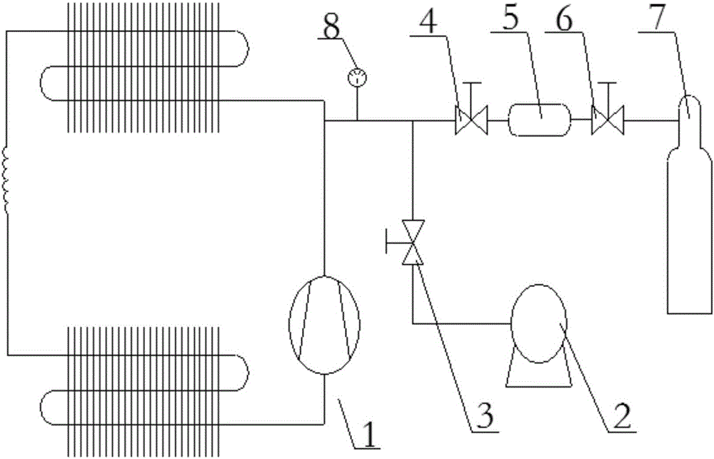 Gas displacement method air conditioner vacuum pumping device and vacuum pumping method