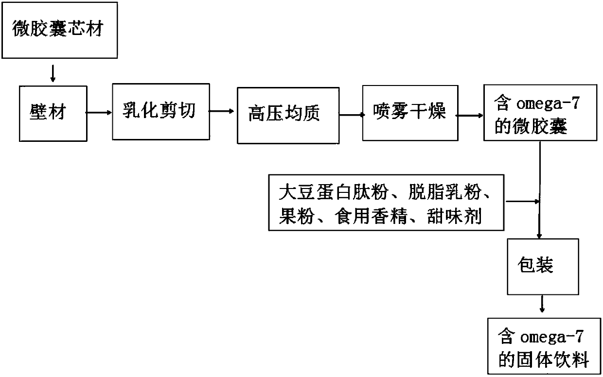 Solid beverage containing omega-7 fatty acid and preparation method of beverage