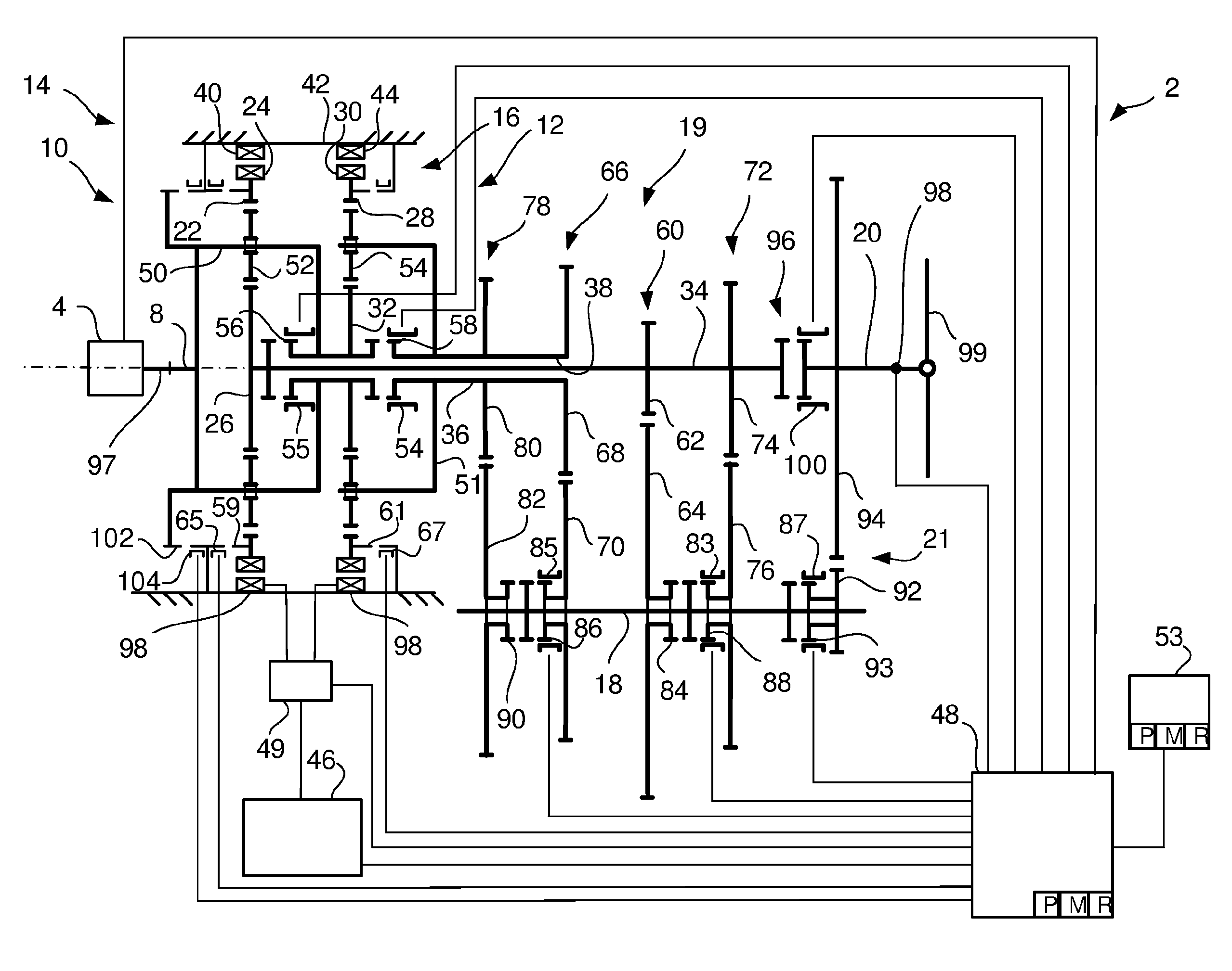 Gearbox for a hybrid powertrain and method to control the gearbox