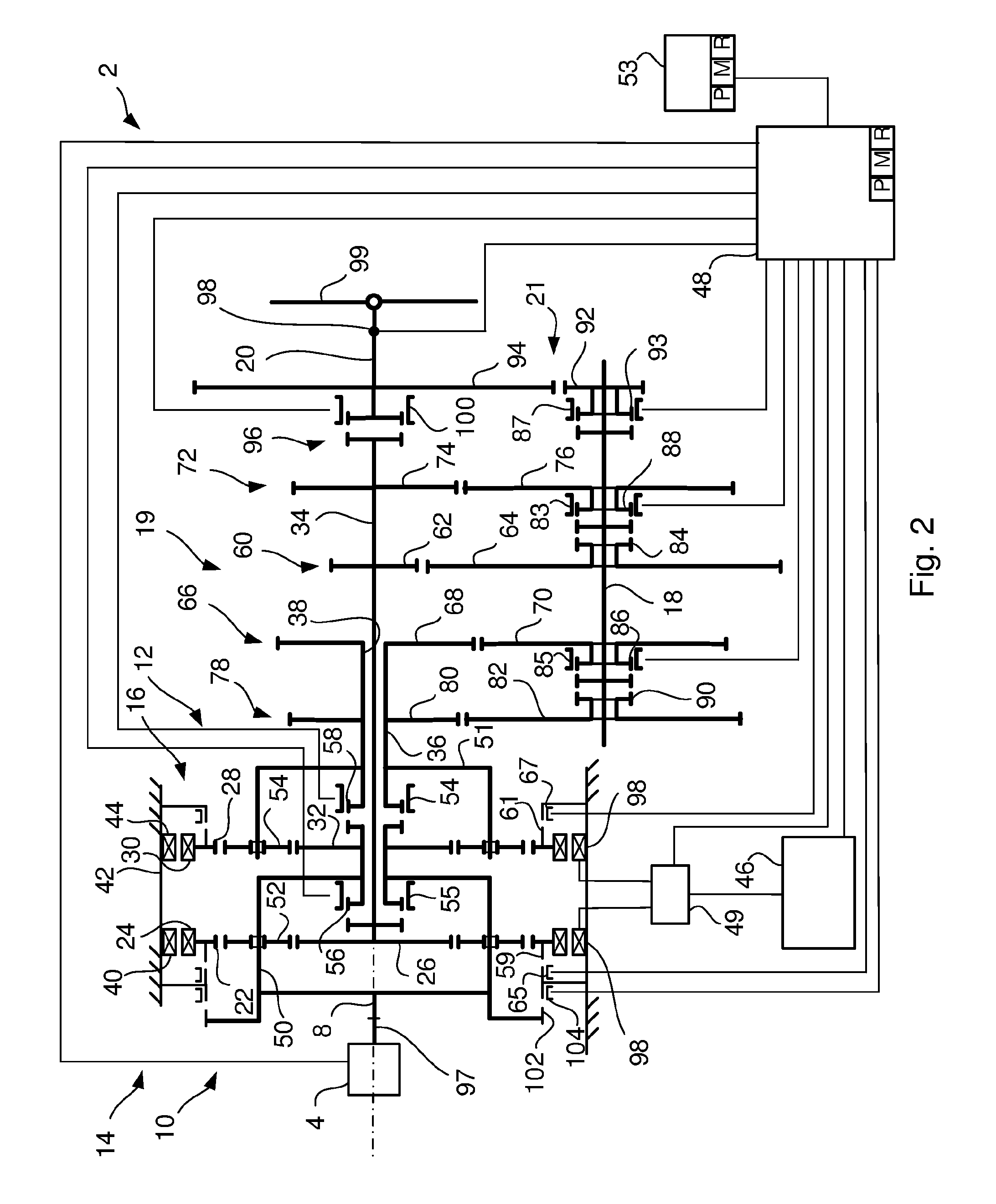 Gearbox for a hybrid powertrain and method to control the gearbox