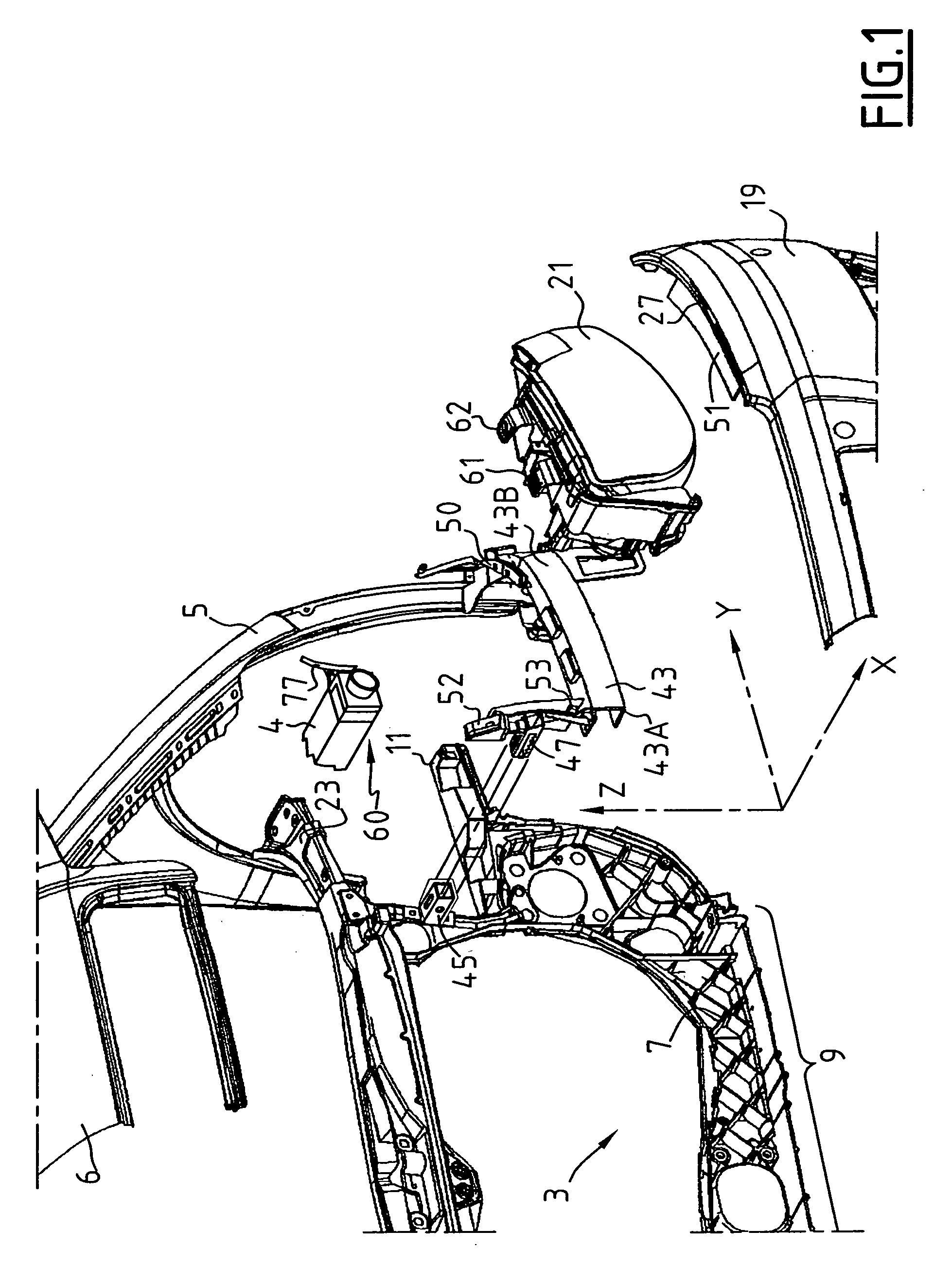 Motor vehicle front portion assembly provided with improved fastening and position-adjustment means, and a motor vehicle including such an assembly