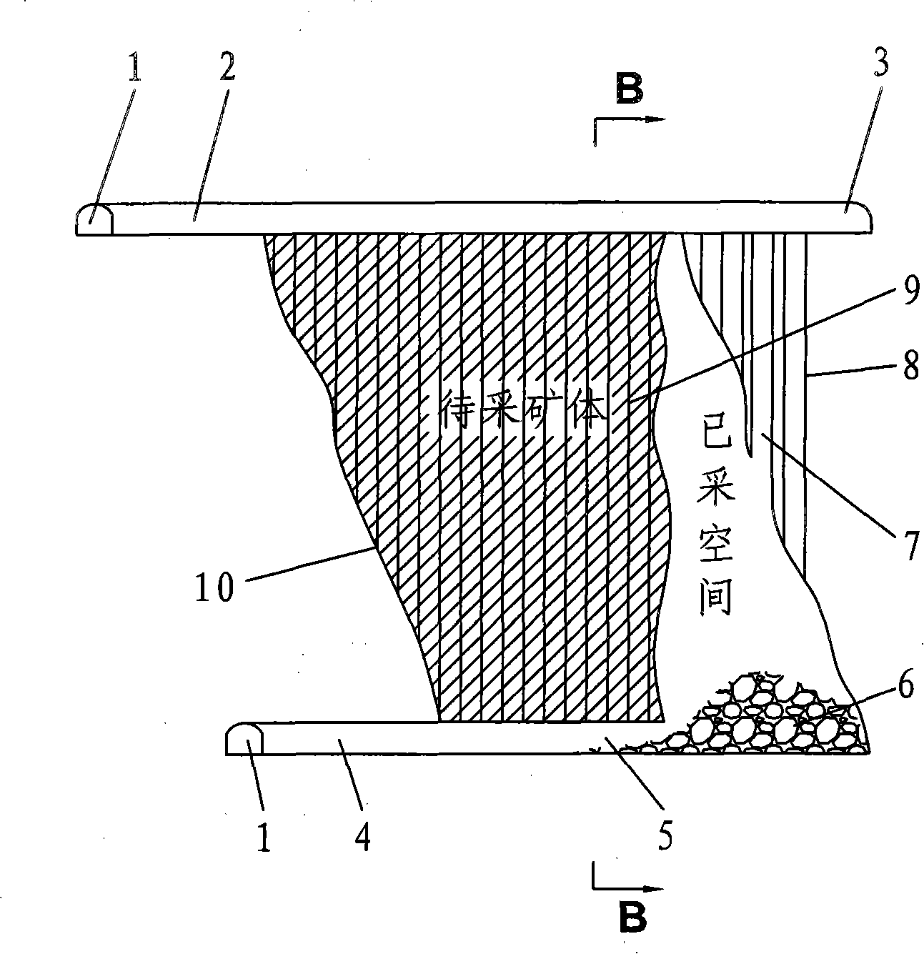 Non-bottom pillar deep hole falling-back type mining method