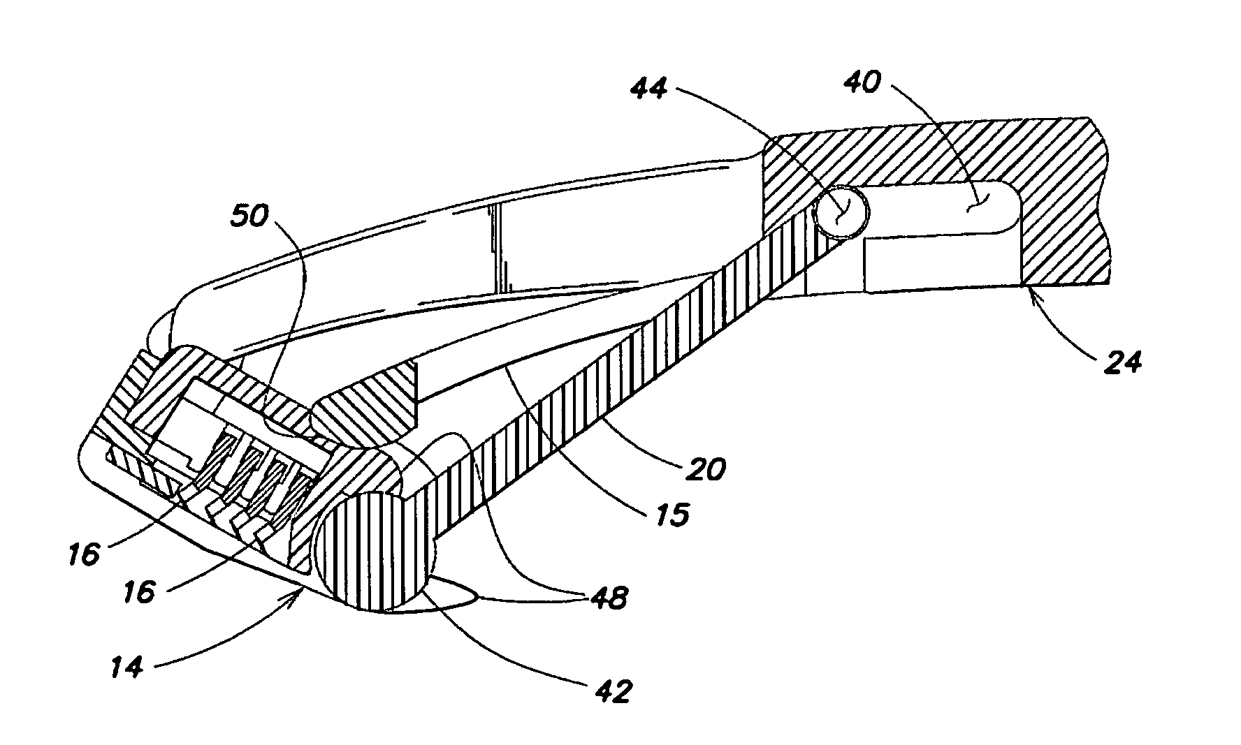 Shaving implement having a cap forward pivot