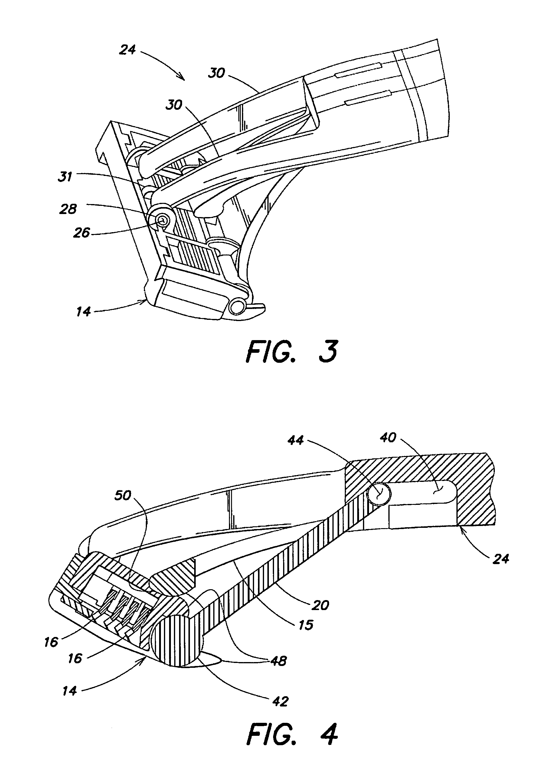 Shaving implement having a cap forward pivot