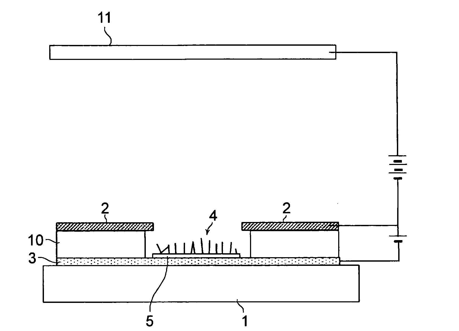 Structure, electron emitting device, secondary battery, electron source, and image display device