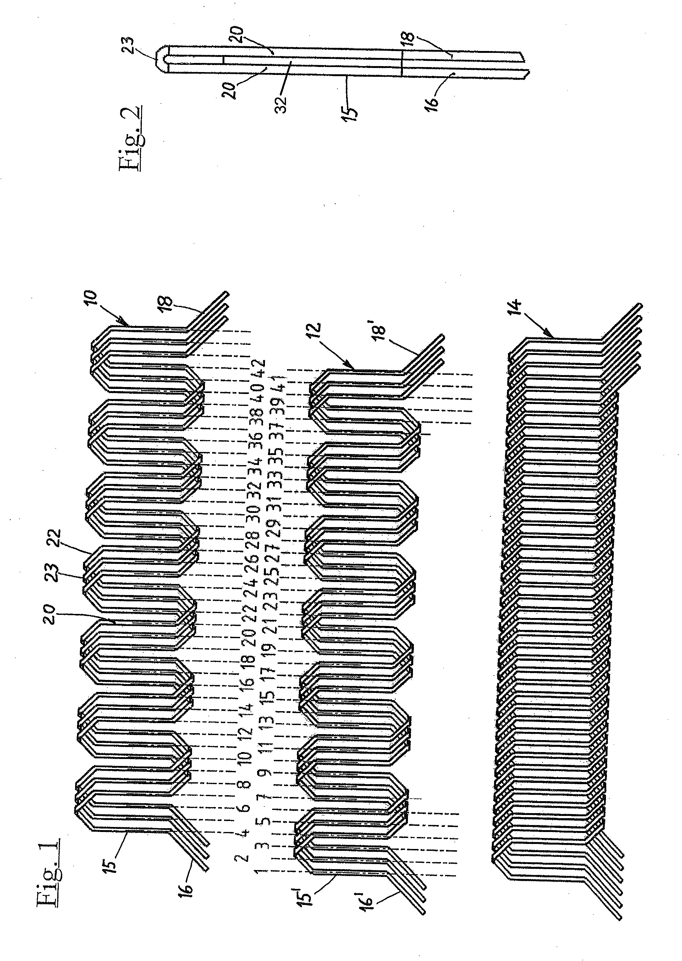 Stator or rotor with interlaced wire groups forming an intertwined wave winding