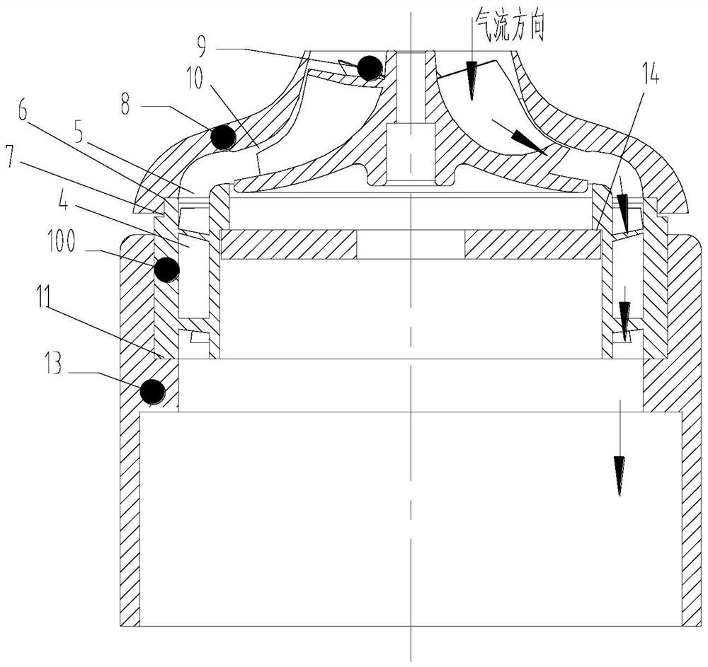 Pneumatic component comprising axial diffuser, dust collector and compressor