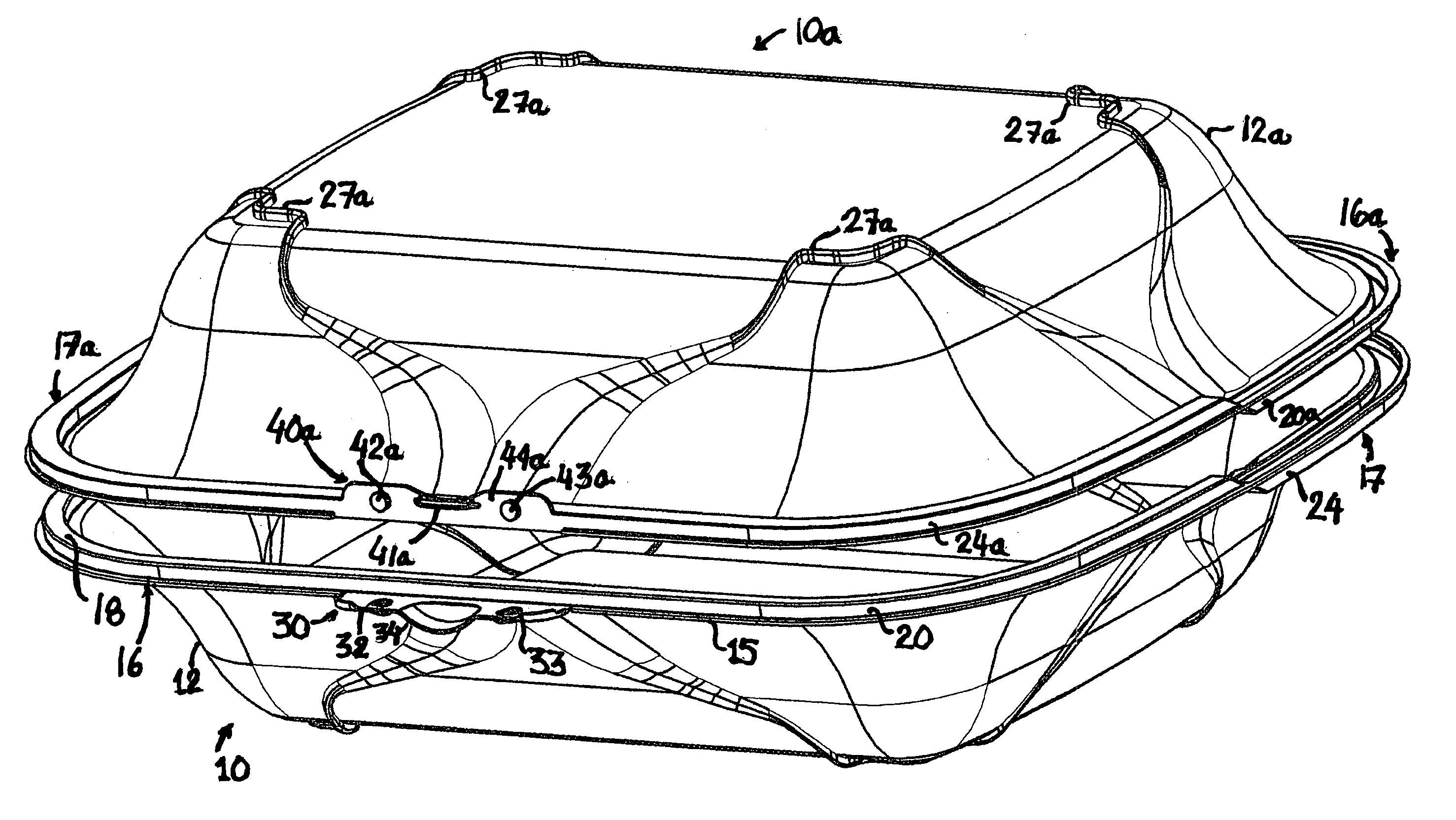 Food container assembly with integral hinge/latch combination and method therefor