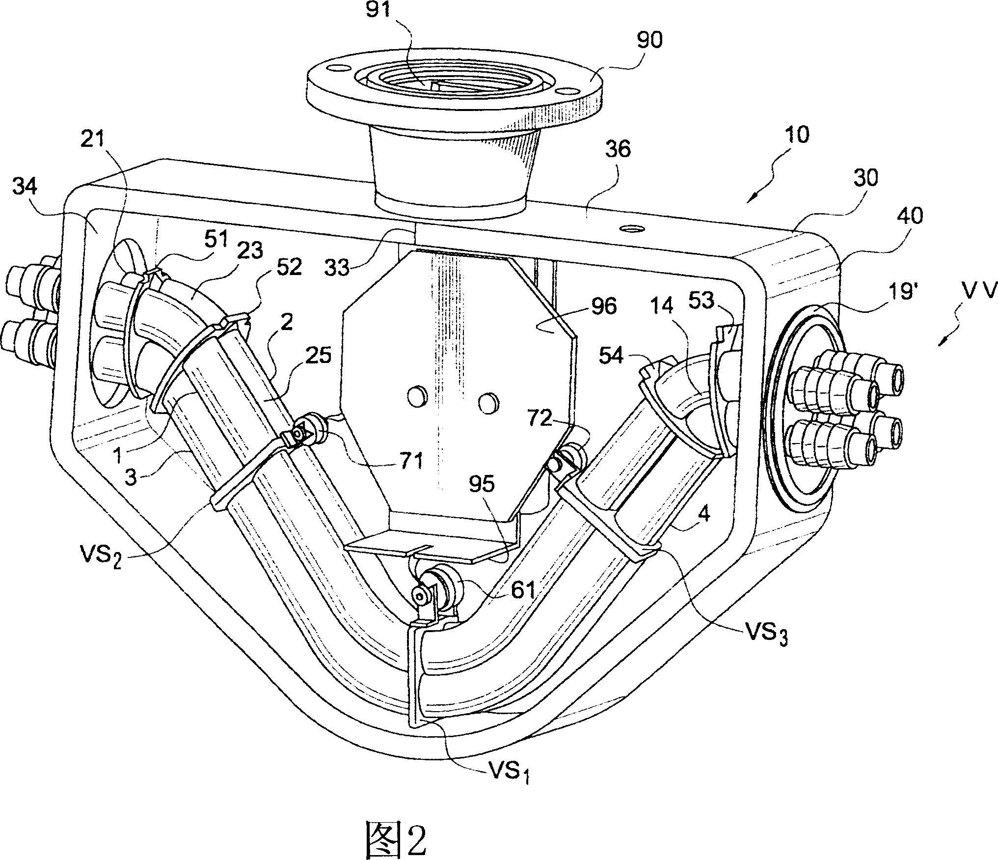 Vibration-type measuring sensor for conduction measurements in media flowing inside two medium lines, and in-line measuring device equipped with a measuring sensor of this type