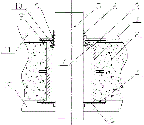 Non-plugging vertical pipe slab penetrating embedment piece and construction method thereof