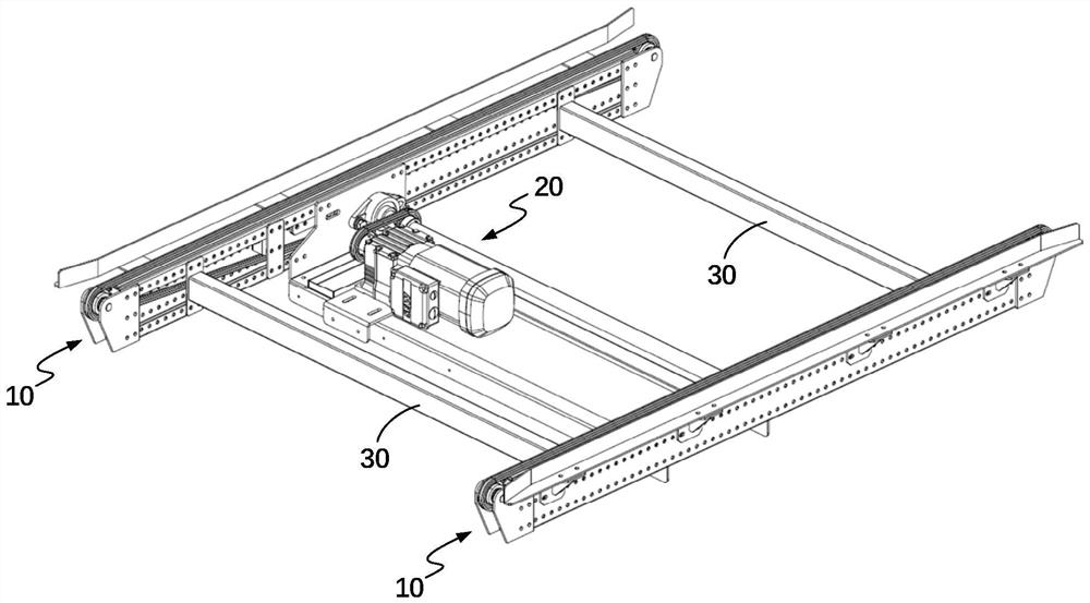 Chain conveying device, conveying module and conveying line