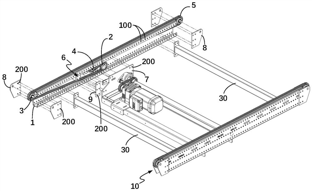 Chain conveying device, conveying module and conveying line