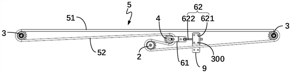 Chain conveying device, conveying module and conveying line