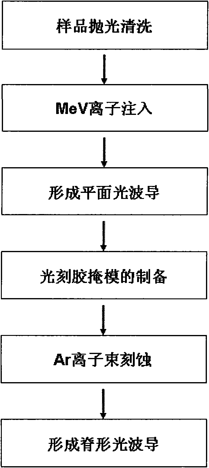 Method for preparing KTP rib optical waveguide by combining ion implantation with ion beam etching