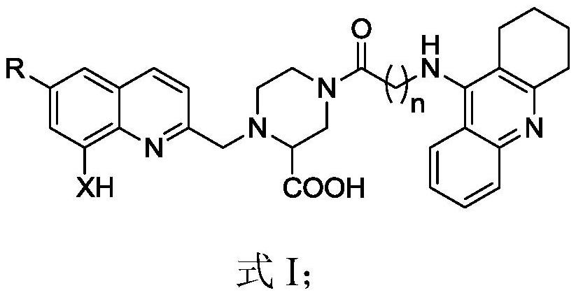 A 2-carboxypiperazine-linked tacrine-8-amino(hydroxy)quinoline derivative and its preparation and application