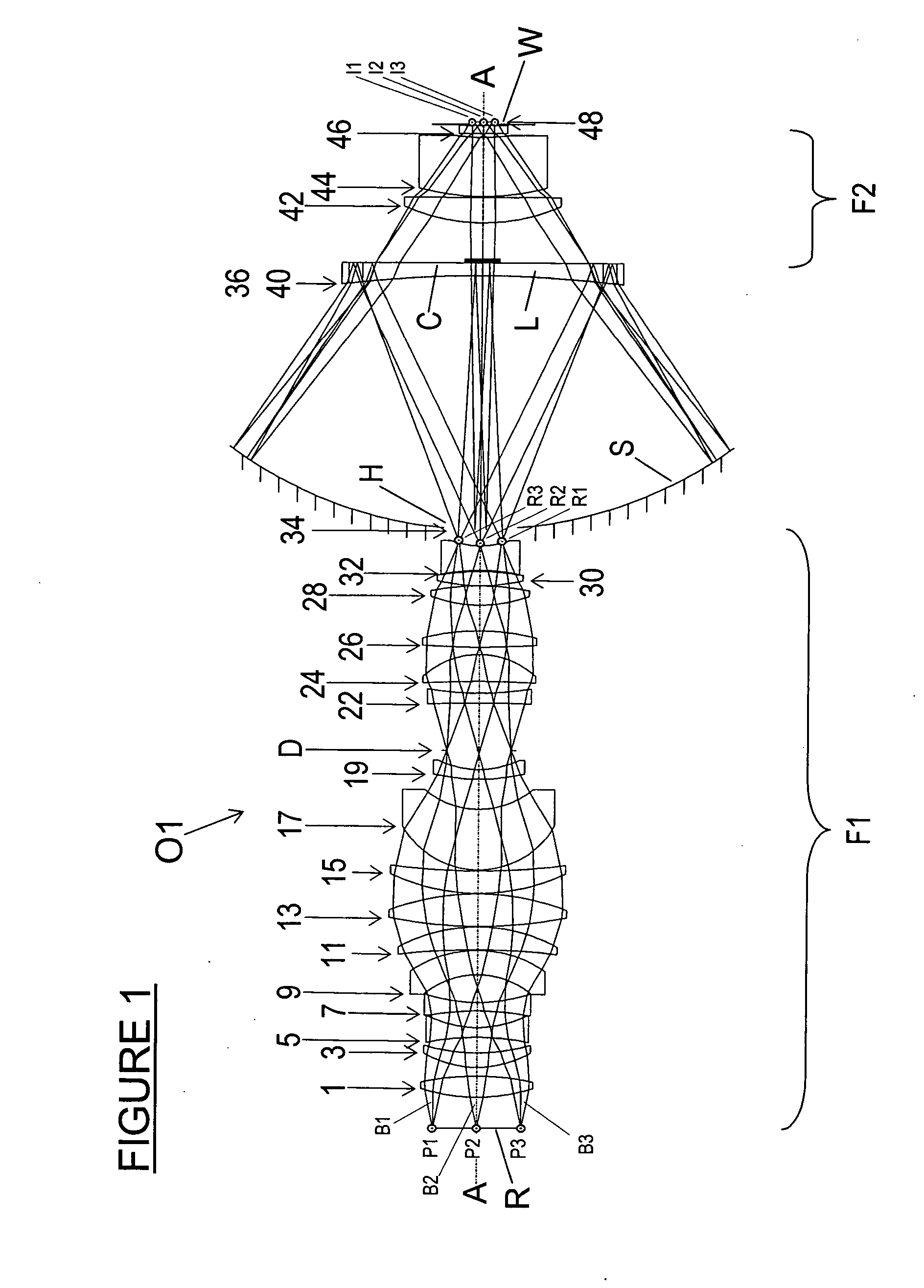 Catadioptric projection objective with an in-line, single-axis configuration