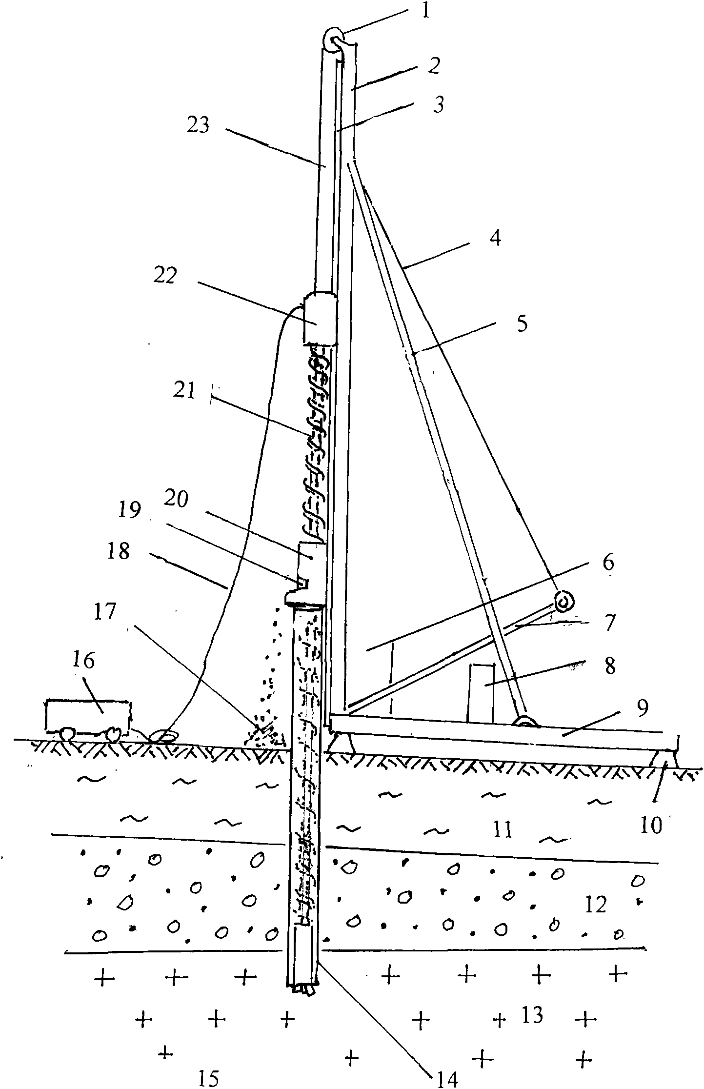 Dry type pneumatic rock drilling pile-driving machine and working method thereof