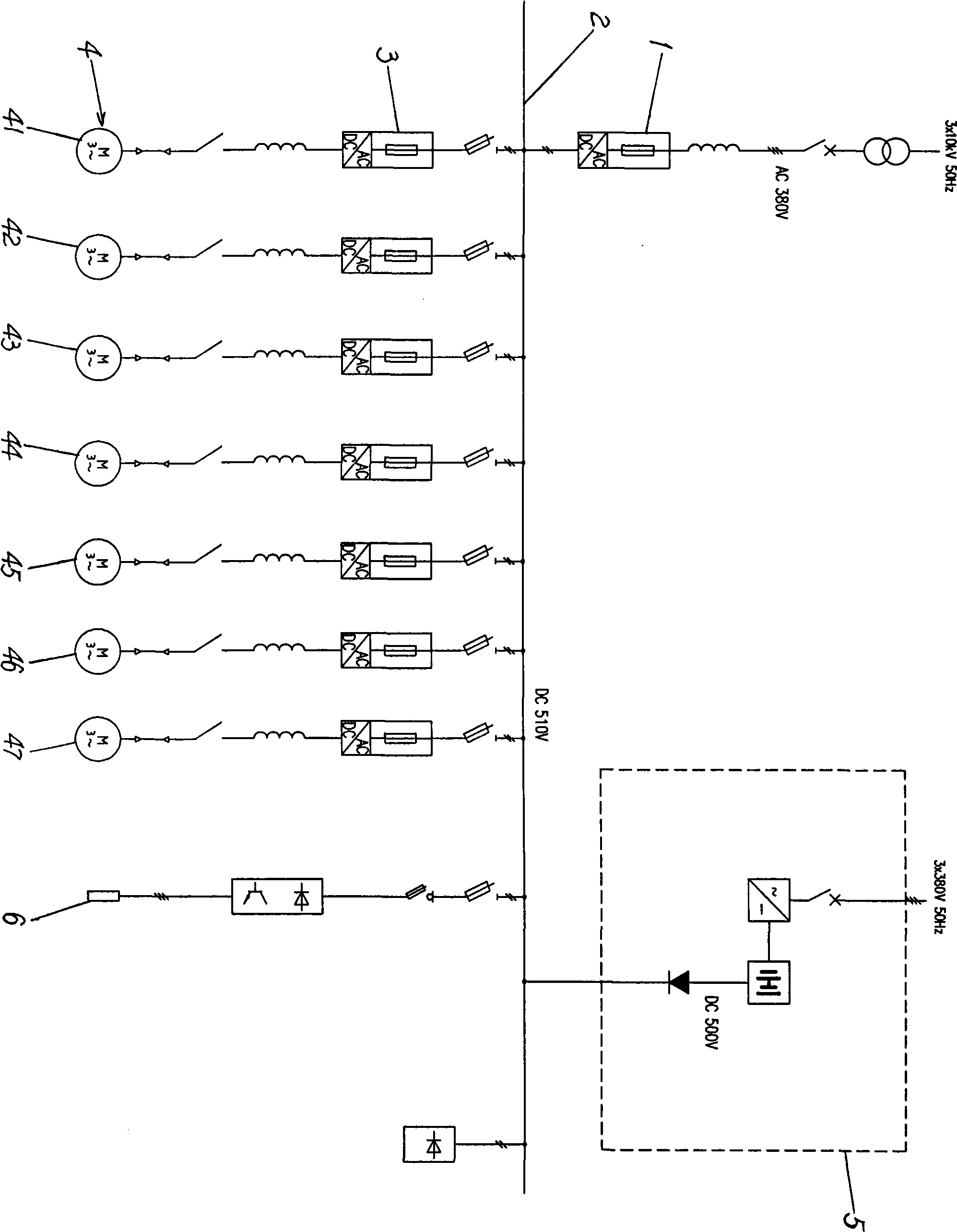 DC electric power system used for converter accident tilting, and oxygen sublance accident lifting