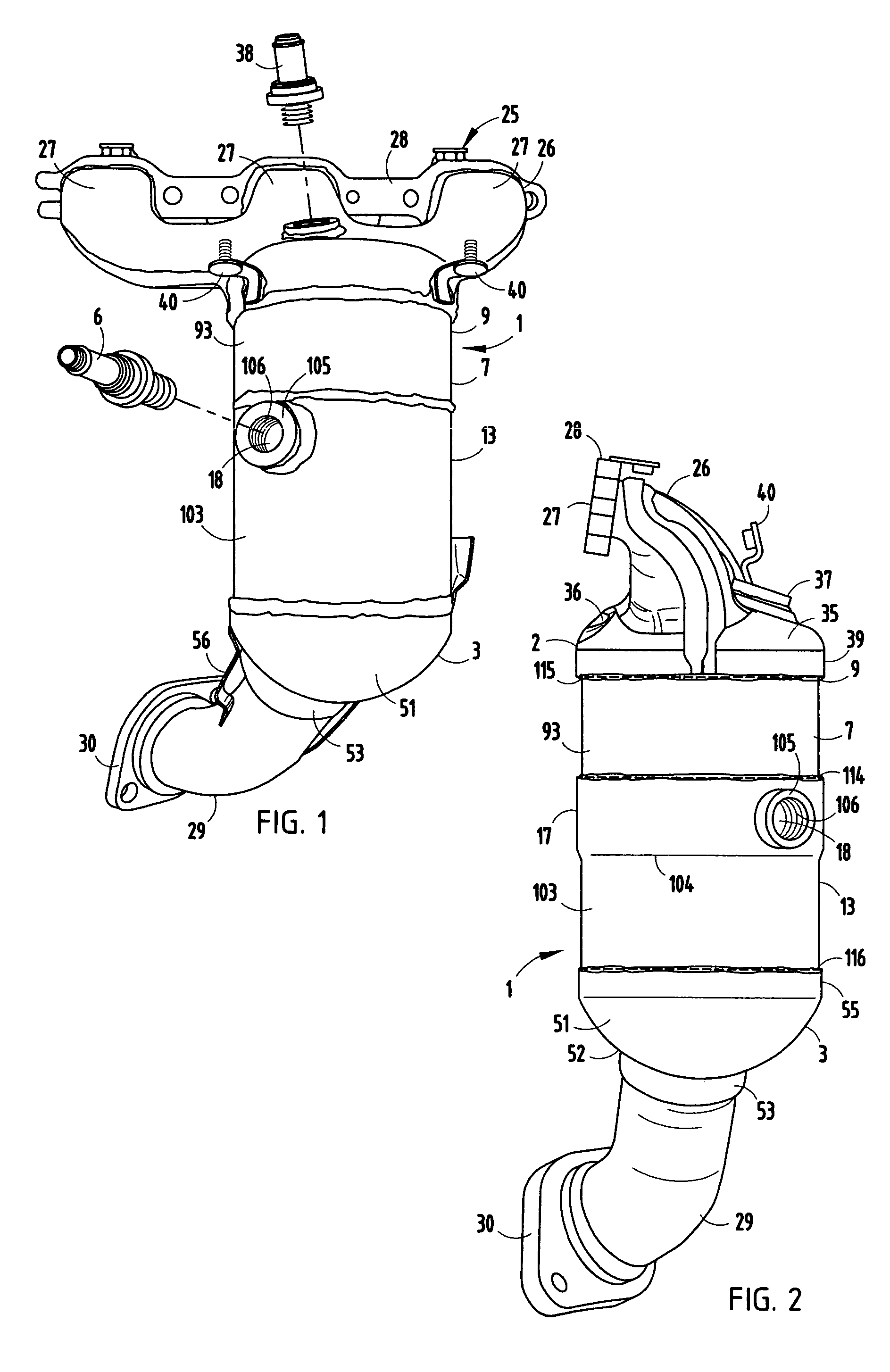 Exhaust gas treatment device with insulated housing construction