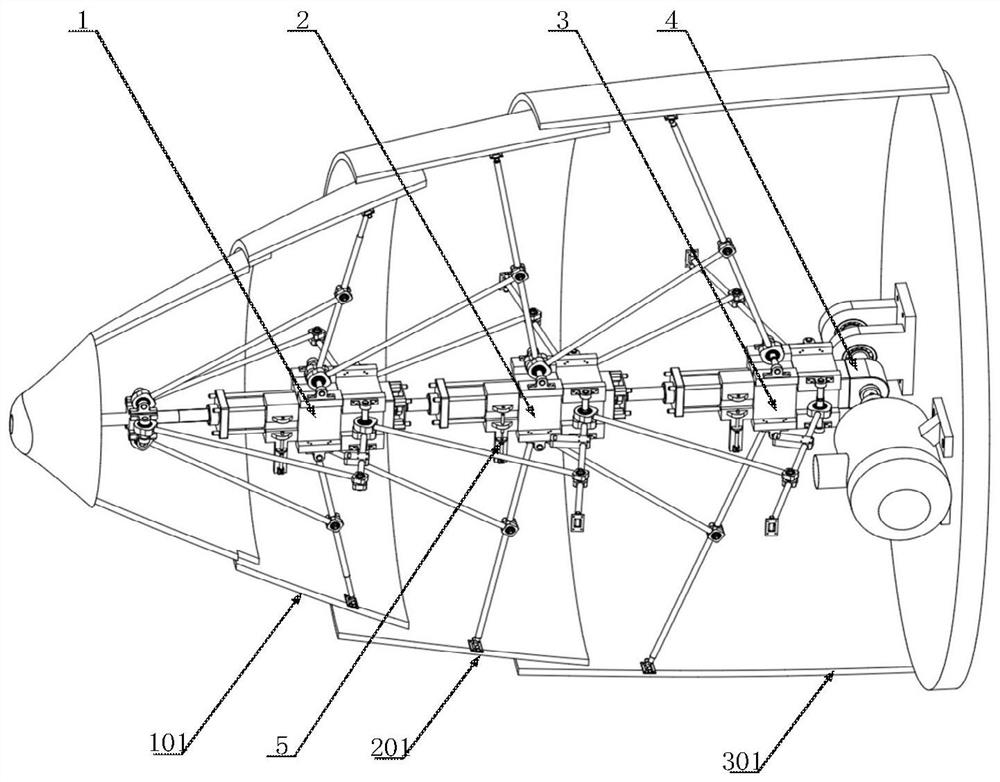 Multi-stage driven connecting rod type nose cone variant mechanism