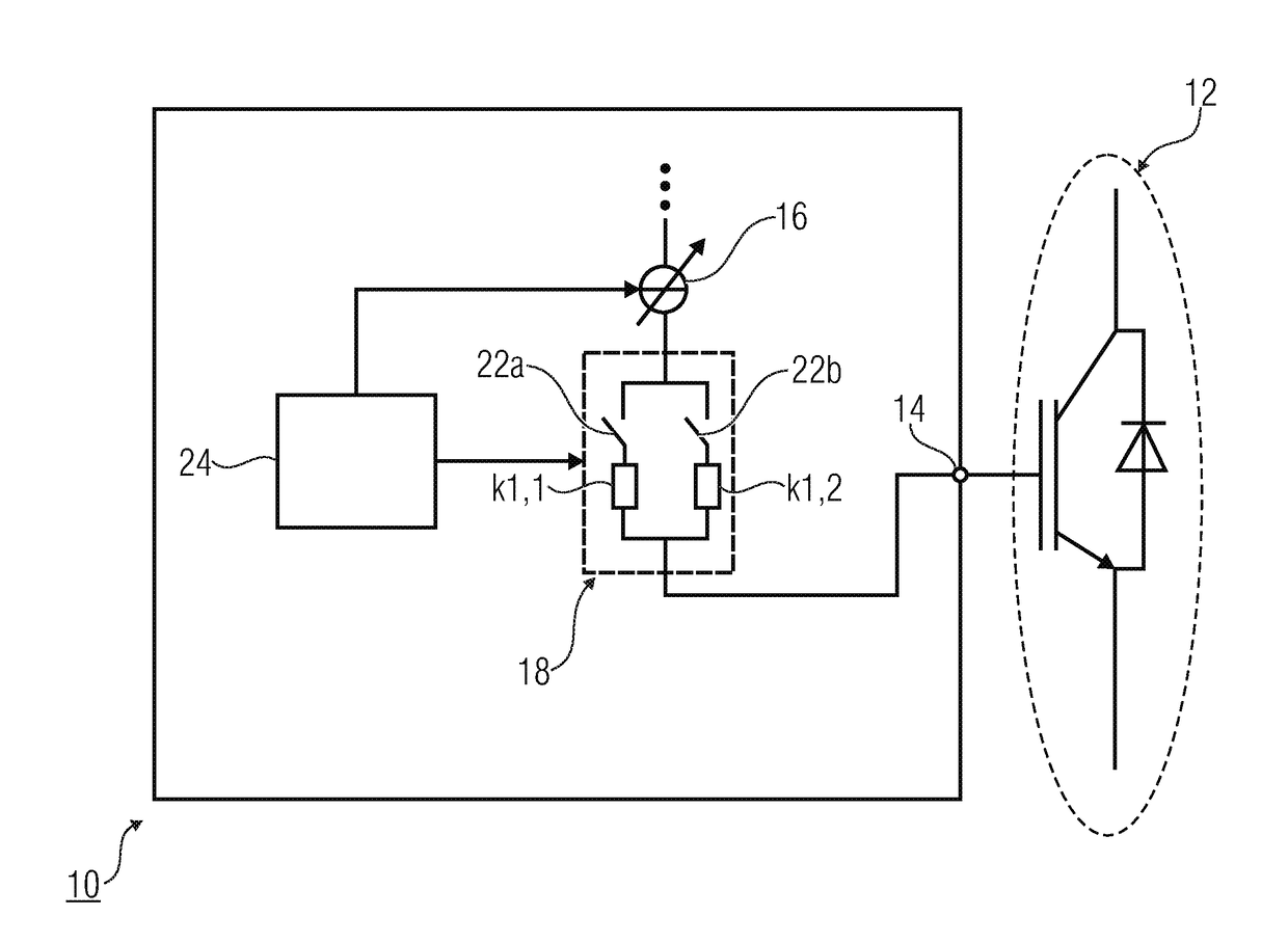 Device for switching a semiconductor-based switch and sensor for detecting a current change velocity at a semiconductor-based switch