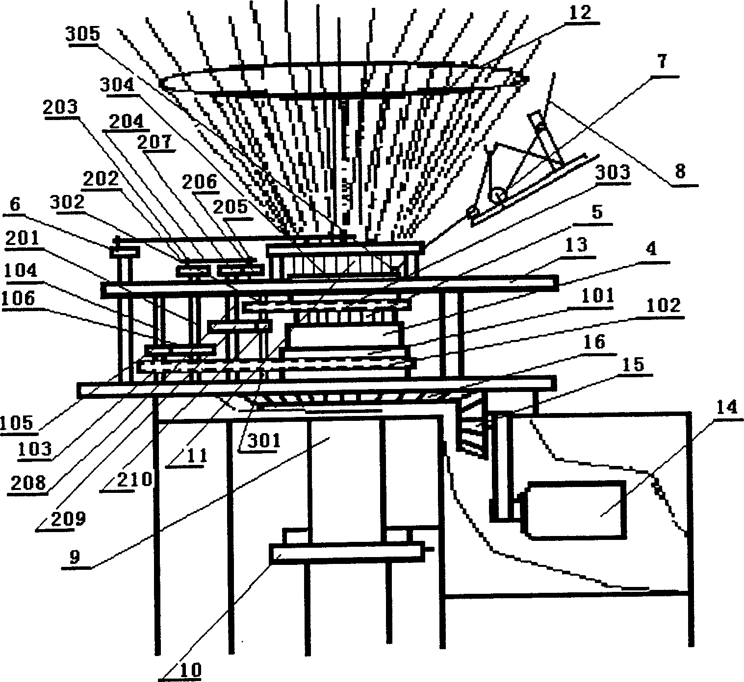 Full width weft insertion device installed on small diameter round warp knitting machine