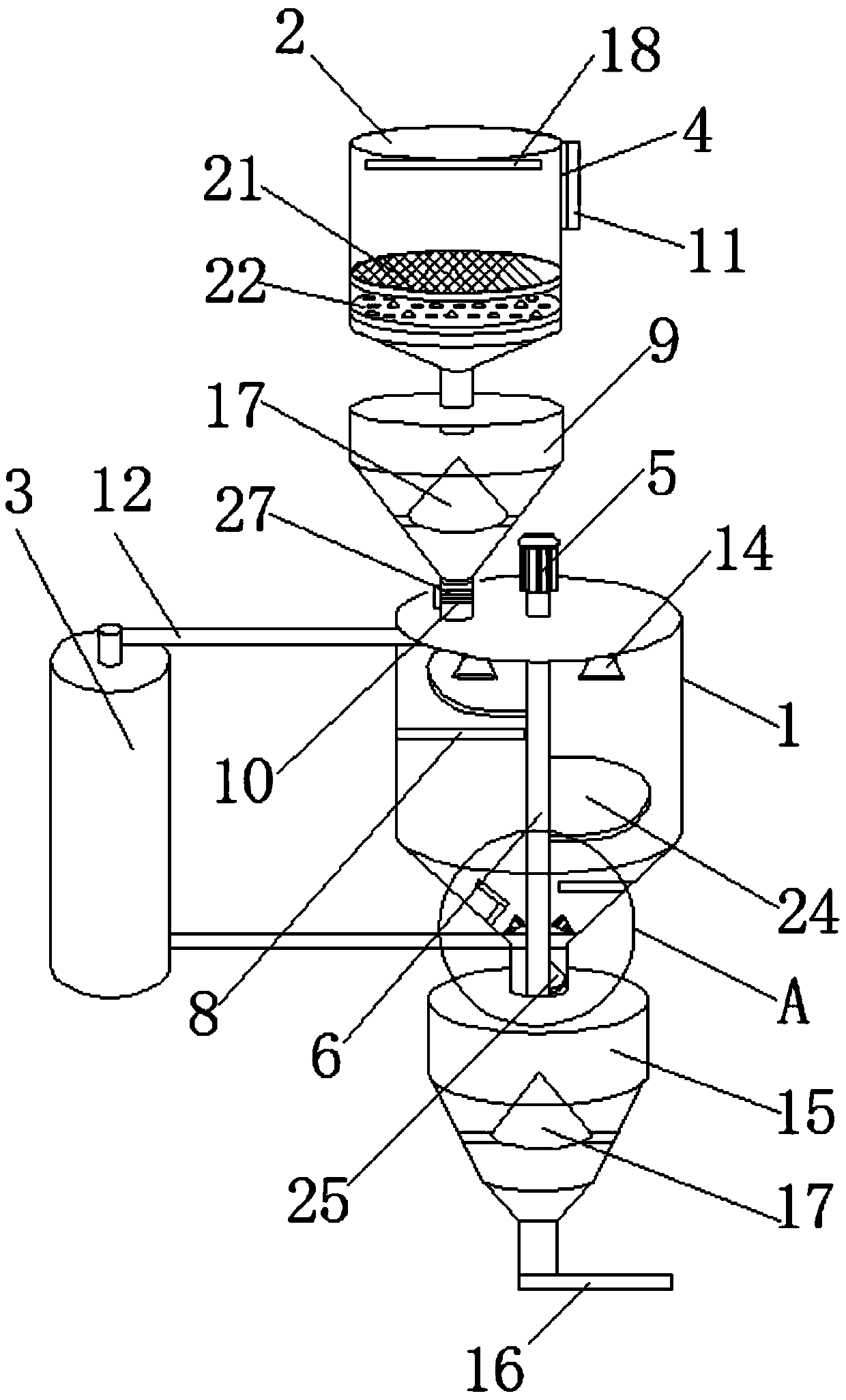 Horn ribbon vertical mixing integrated flavoring powder production equipment and production process thereof