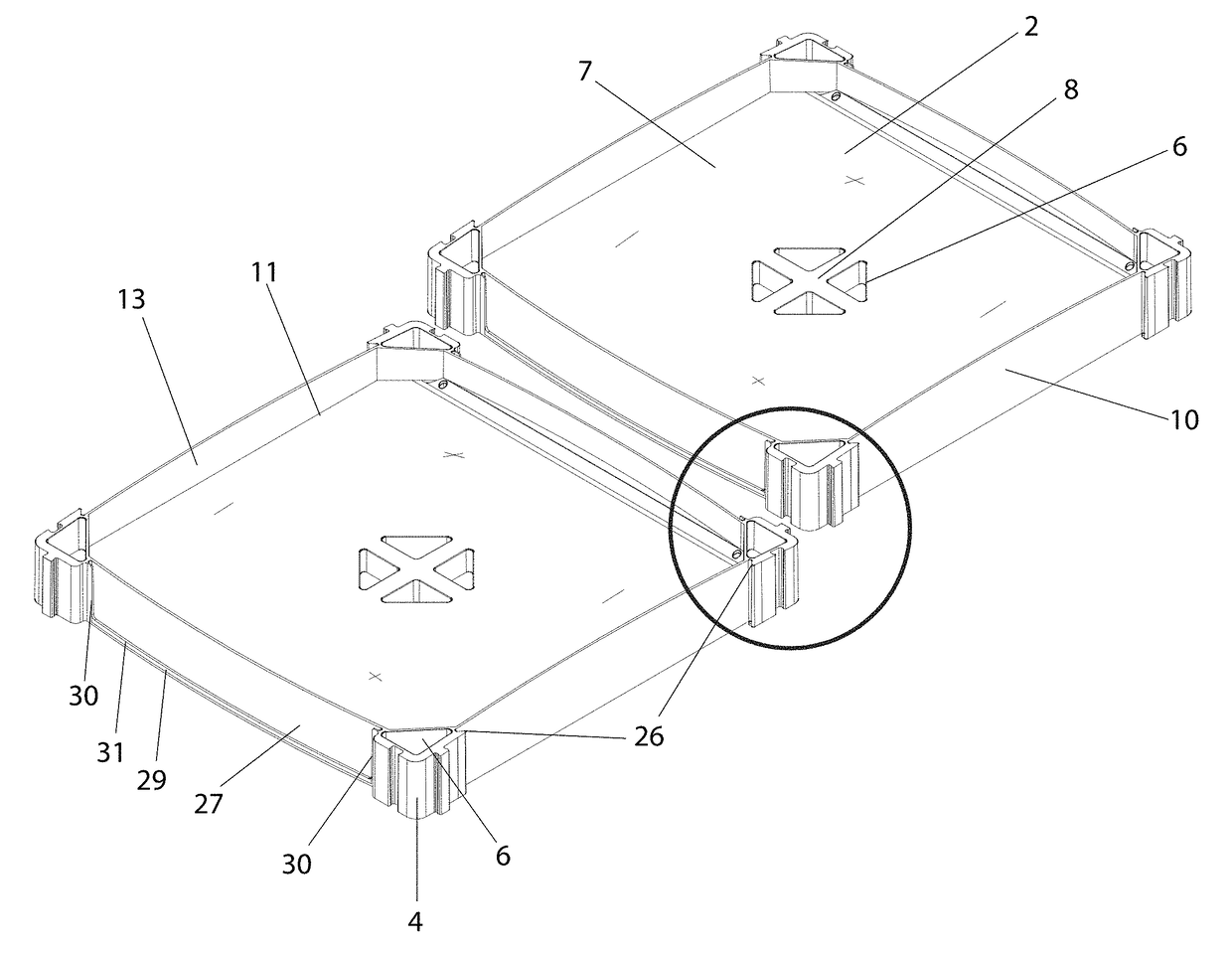 Configurable and dismantlable display case system comprising a plastic shelving unit with trays at different levels, and method of assembly